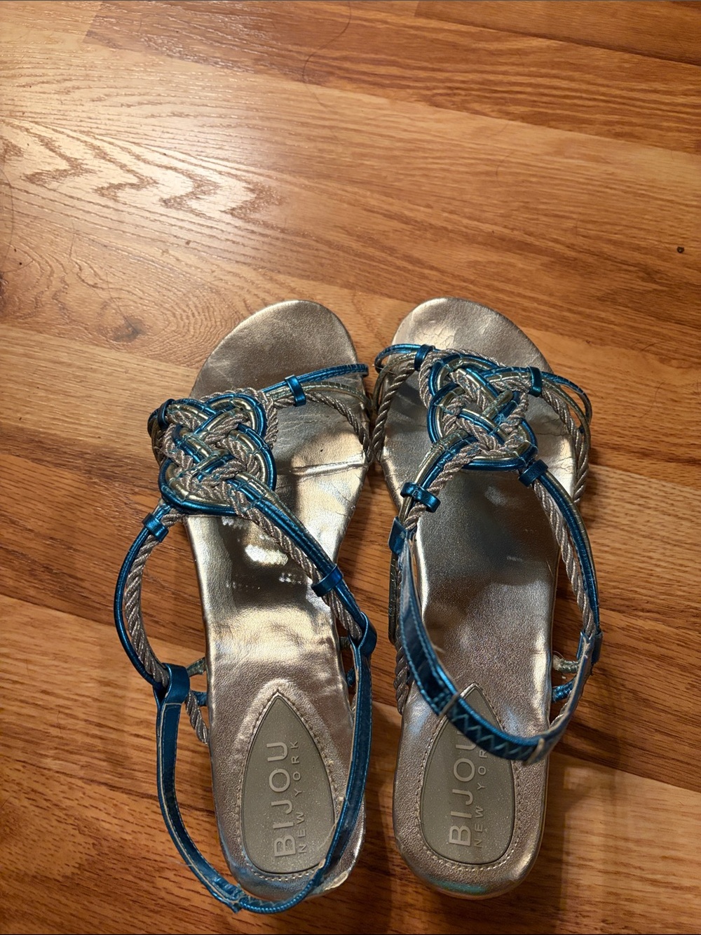 Blue Metallic Braided T-Strap Sandals